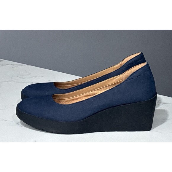 Vionic Serano Wedge Pump Womens 9.5 Blue Black Nubuck Leather Minimalist - Picture 4 of 11